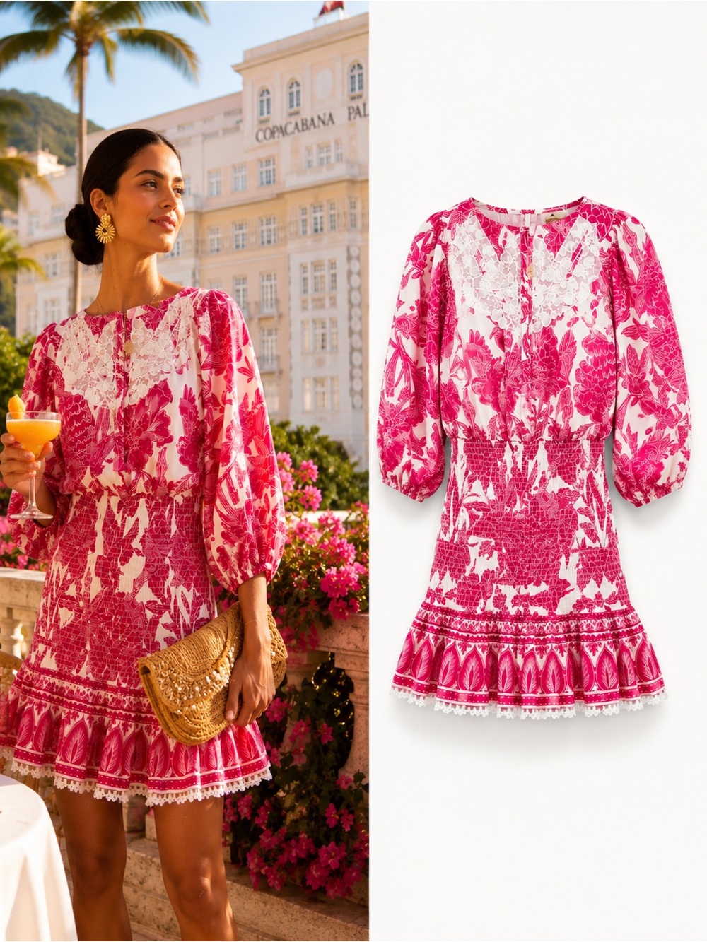 Farm Rio Pink Tropical Woodcut Mini Dress XS Smocked Cotton Lace Puff Sleeve